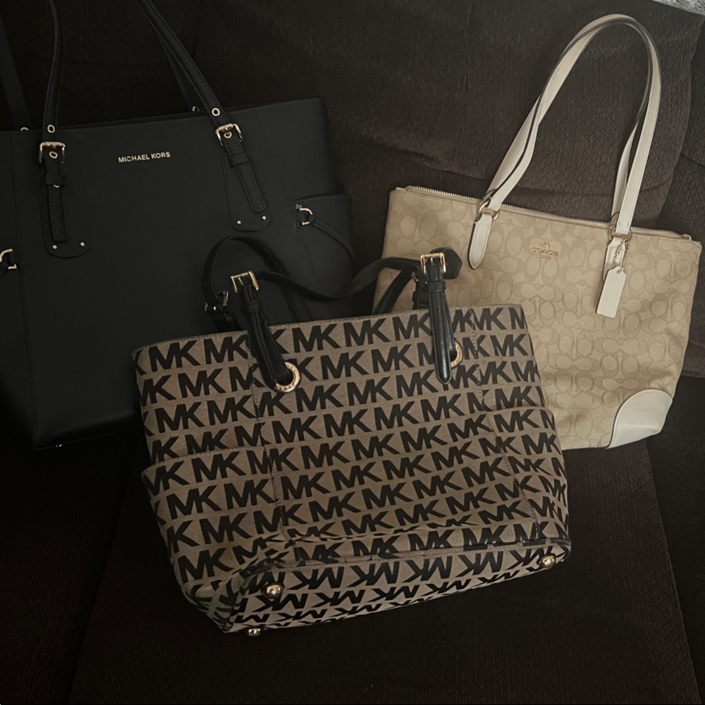 Michael Kors black logo purse. MK Navy blue purse.  Cream Coach purse